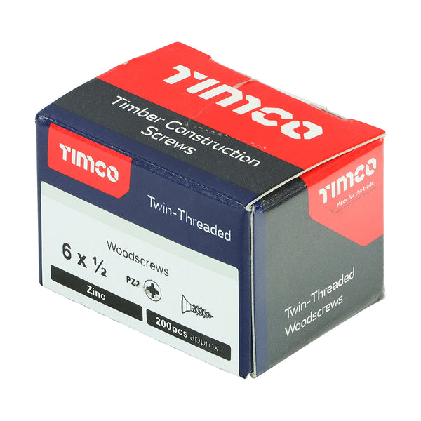 Timco Twin-Threaded Woodscrews - PZ - Double Countersunk - Zinc 6 x 1/2 - 200 Pieces