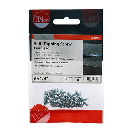 Timco Self-Tapping Screws - PZ - Pan - Zinc 6 x 1/4 - 30 Pieces