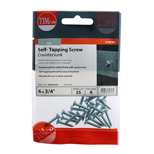 Timco Self-Tapping Screws - PZ - Countersunk - Zinc 6 x 3/4 - 25 Pieces