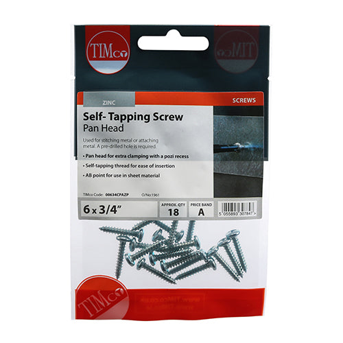 Timco Self-Tapping Screws - PZ - Pan - Zinc 6 x 3/4 - 18 Pieces