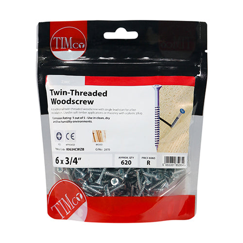 Timco Twin-Thread Woodscrews - PZ - Double Countersunk - Zinc 6 x 3/4 - 620 Pieces