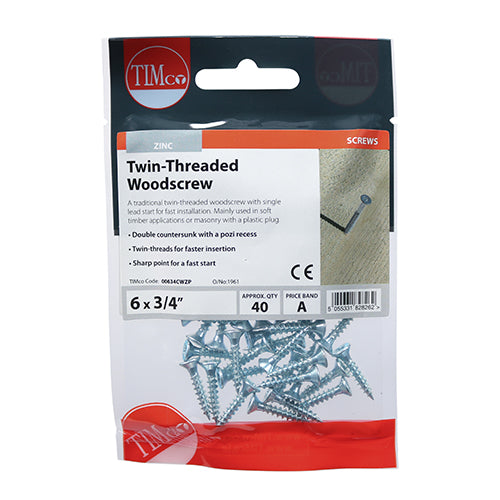 Timco Twin-Thread Woodscrews - PZ - Double Countersunk - Zinc 6 x 3/4 - 40 Pieces