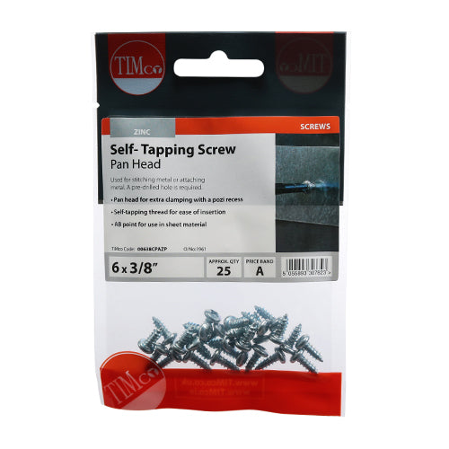 Timco Self-Tapping Screws - PZ - Pan - Zinc 6 x 3/8 - 25 Pieces