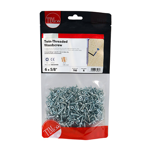 Timco Twin-Thread Woodscrews - PZ - Double Countersunk - Zinc 6 x 5/8 - 700 Pieces