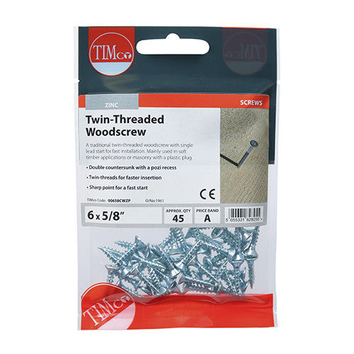 Timco Twin-Thread Woodscrews - PZ - Double Countersunk - Zinc 6 x 5/8 - 45 Pieces