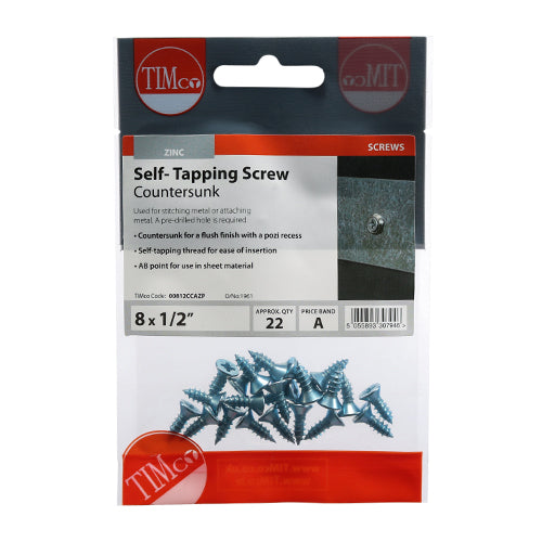 Timco Self-Tapping Screws - PZ - Countersunk - Zinc 8 x 1/2 - 22 Pieces