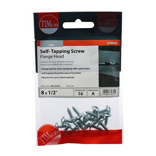 Timco Self-Tapping Screws - PZ - Flange Head - Zinc 8 x 1/2 - 16 Pieces