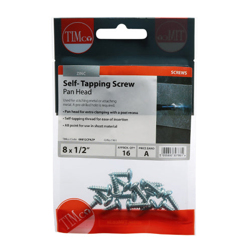 Timco Self-Tapping Screws - PZ - Pan - Zinc 8 x 1/2 - 16 Pieces