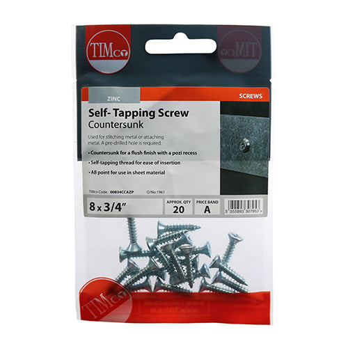 Timco Self-Tapping Screws - PZ - Countersunk - Zinc 8 x 3/4 - 20 Pieces