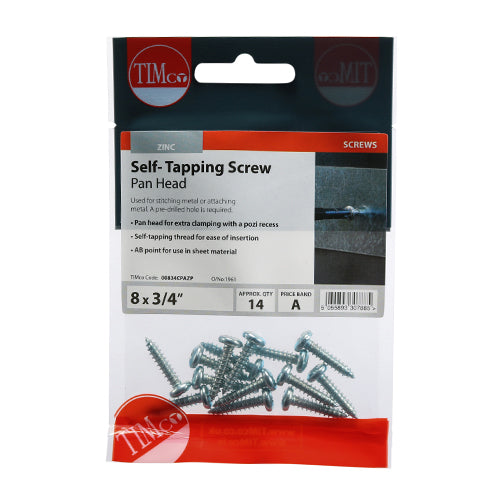 Timco Self-Tapping Screws - PZ - Pan - Zinc 8 x 3/4 - 14 Pieces