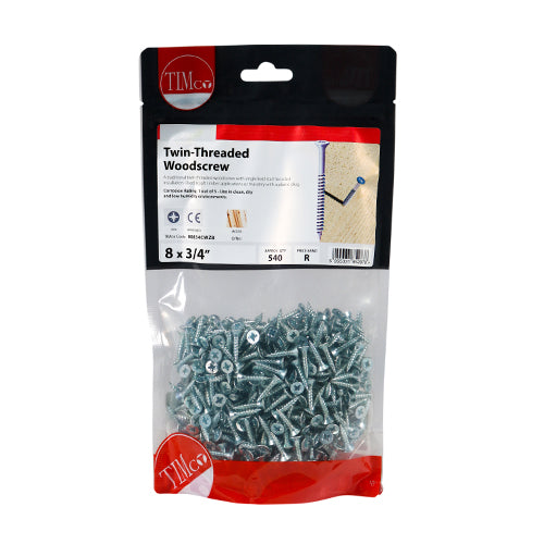 Timco Twin-Thread Woodscrews - PZ - Double Countersunk - Zinc 8 x 3/4 - 540 Pieces
