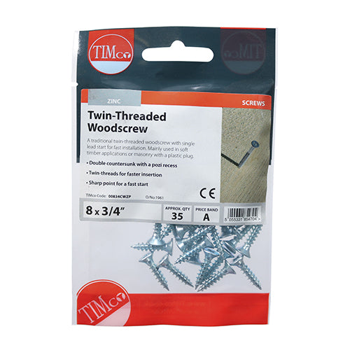 Timco Twin-Thread Woodscrews - PZ - Double Countersunk - Zinc 8 x 3/4 - 35 Pieces