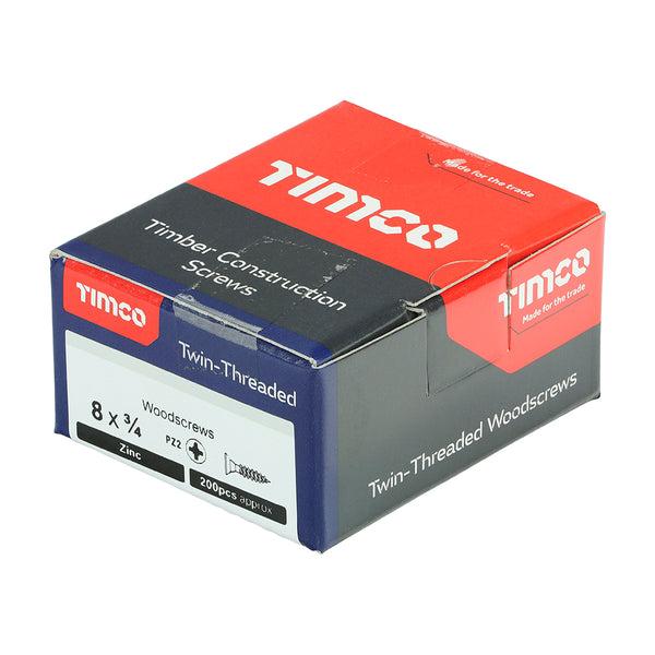 Timco Twin-Threaded Woodscrews - PZ - Double Countersunk - Zinc 8 x 3/4 - 200 Pieces