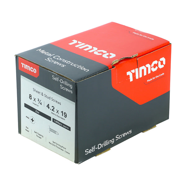 Timco Metal Construction Sheet & Stud Screws - PH - Pan - Self-Drilling - Zinc 8 x 3/4 - 1000 Pieces