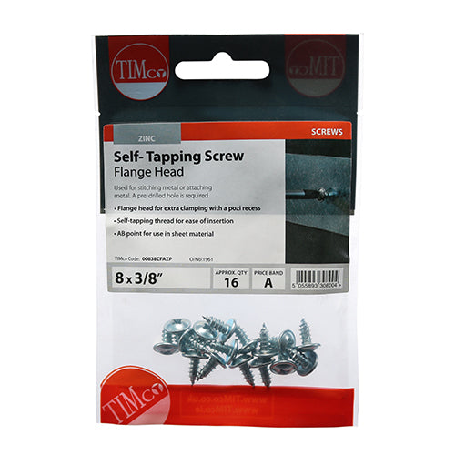 Timco Self-Tapping Screws - PZ - Flange Head - Zinc 8 x 3/8 - 16 Pieces