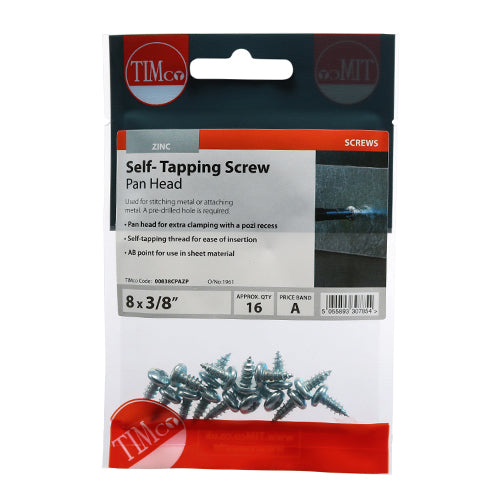 Timco Self-Tapping Screws - PZ - Pan - Zinc 8 x 3/8 - 16 Pieces