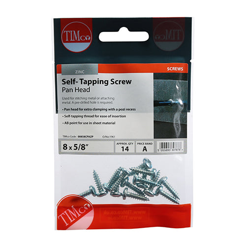 Timco Self-Tapping Screws - PZ - Pan - Zinc 8 x 5/8 - 14 Pieces