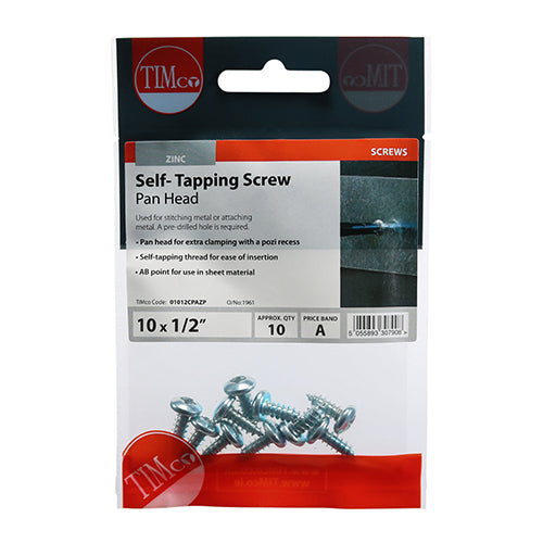Timco Self-Tapping Screws - PZ - Pan - Zinc 10 x 1/2 - 10 Pieces