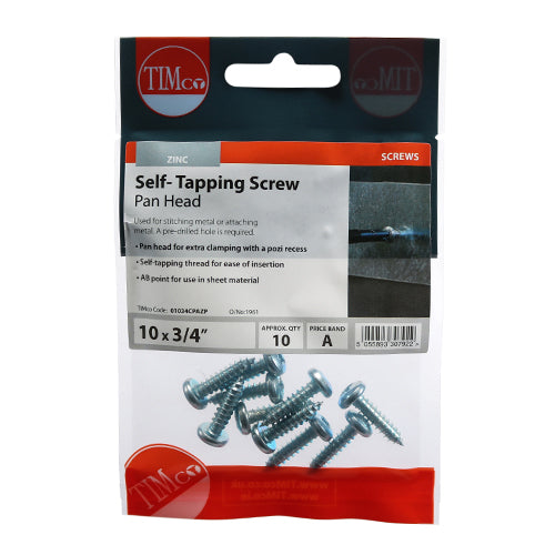 Timco Self-Tapping Screws - PZ - Pan - Zinc 10 x 3/4 - 10 Pieces
