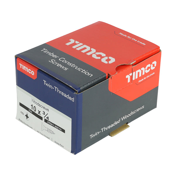 Timco Twin-Threaded Woodscrews - PZ - Double Countersunk - Zinc 10 x 3/4 - 200 Pieces
