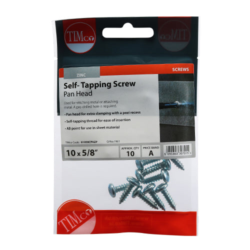 Timco Self-Tapping Screws - PZ - Pan - Zinc 10 x 5/8 - 10 Pieces