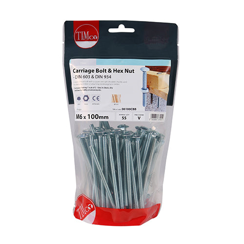 Timco Carriage Bolts & Hex Nuts - Zinc M6 x 100 - 55 Pieces