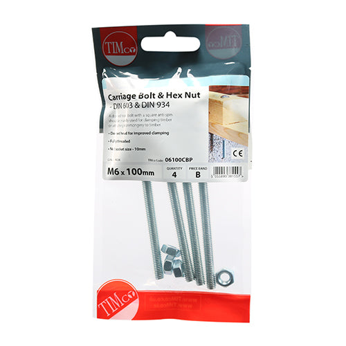 Timco Carriage Bolts & Hex Nuts - Zinc M6 x 100 - 4 Pieces