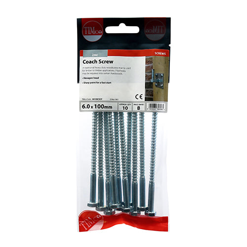 Timco Coach Screws - Hex - Zinc 6.0 x 100 - 10 Pieces