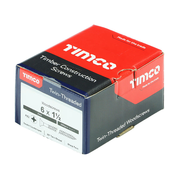 Timco Twin-Threaded Woodscrews - PZ - Double Countersunk - Zinc 6 x 1 1/2 - 200 Pieces