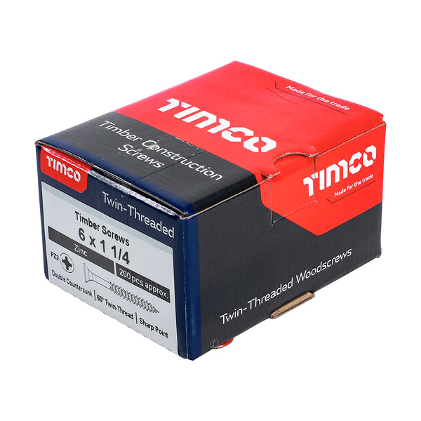 Timco Twin-Threaded Woodscrews - PZ - Double Countersunk - Zinc 6 x 1 1/4 - 200 Pieces
