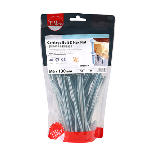 Timco Carriage Bolts & Hex Nuts - Zinc M6 x 130 - 35 Pieces