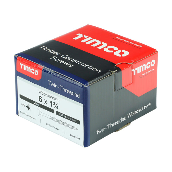 Timco Twin-Threaded Woodscrews - PZ - Double Countersunk - Zinc 6 x 1 3/4 - 200 Pieces