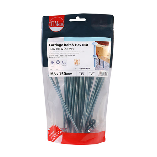 Timco Carriage Bolts & Hex Nuts - Zinc M6 x 150 - 25 Pieces