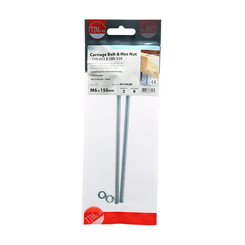 Timco Carriage Bolts & Hex Nuts - Zinc M6 x 150