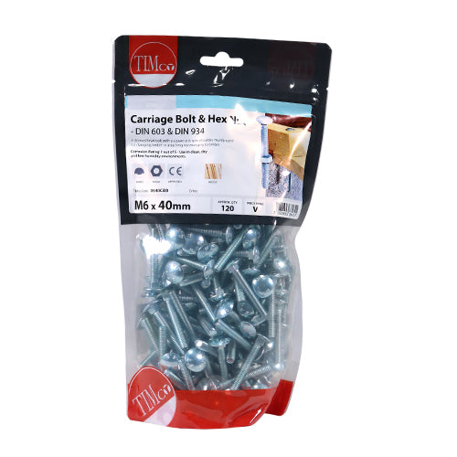 Timco Carriage Bolts & Hex Nuts - Zinc M6 x 40 - 120 Pieces