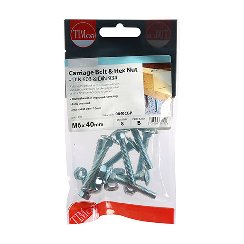 Timco Carriage Bolts & Hex Nuts - Zinc M6 x 40 - 8 Pieces