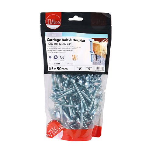 Timco Carriage Bolts & Hex Nuts - Zinc M6 x 50 - 90 Pieces