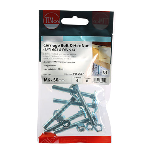 Timco Carriage Bolts & Hex Nuts - Zinc M6 x 50 - 6 Pieces