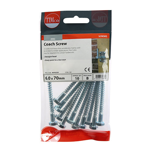 Timco Coach Screws - Hex - Zinc 6.0 x 70 - 10 Pieces
