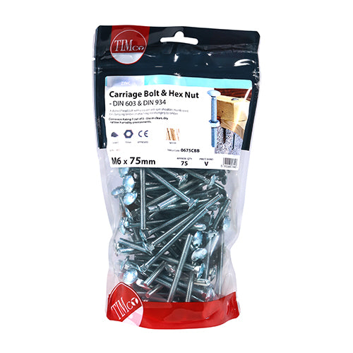 Timco Carriage Bolts & Hex Nuts - Zinc M6 x 75 - 75 Pieces