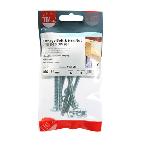 Timco Carriage Bolts & Hex Nuts - Zinc M6 x 75 - 6 Pieces
