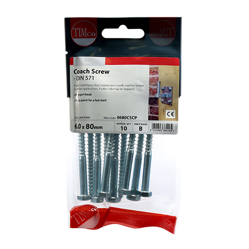 Timco Coach Screws - Hex - Zinc 6.0 x 80 - 10 Pieces