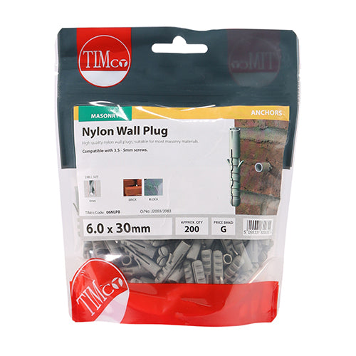 Timco Nylon Plugs 6.0 x 30 - 200 Pieces