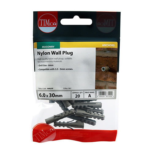 Timco Nylon Plugs 6.0 x 30 - 20 Pieces