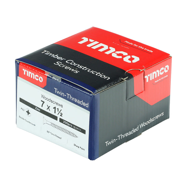 Timco Twin-Threaded Woodscrews - PZ - Double Countersunk - Zinc 7 x 1 1/2 - 200 Pieces