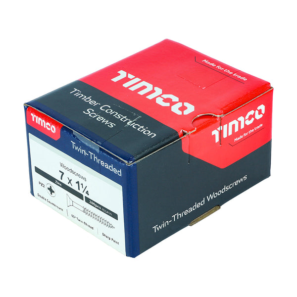 Timco Twin-Threaded Woodscrews - PZ - Double Countersunk - Zinc 7 x 1 1/4 - 200 Pieces