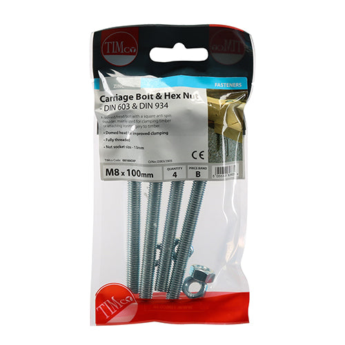 Timco Carriage Bolts & Hex Nuts - Zinc M8 x 100 - 4 Pieces