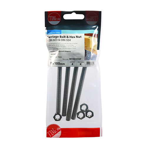 Timco Carriage Bolts & Hex Nuts - Stainless Steel M8 x 100 - 4 Pieces