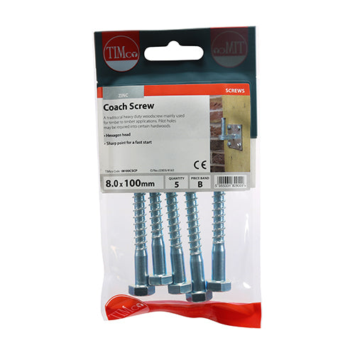 Timco Coach Screws - Hex - Zinc 8.0 x 100 - 5 Pieces