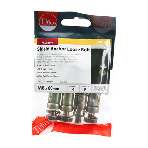 Timco Shield Anchor Loose Bolts - Yellow M8:10L (M8 x 60) - 4 Pieces